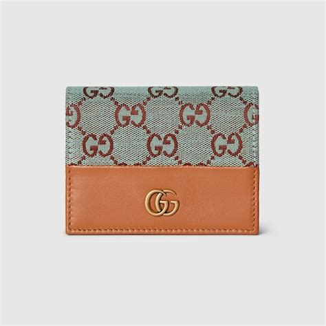 GG bifold card case in pale blue and brown canvas 